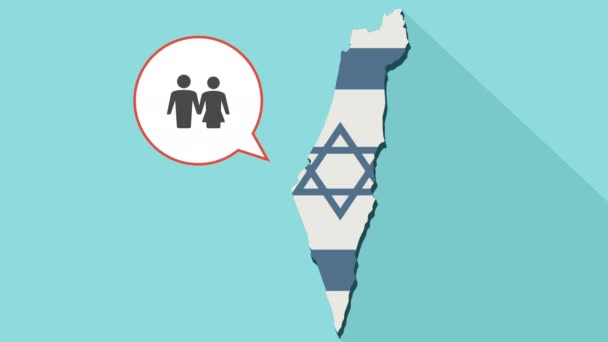 Animation eines langen Schattens israel map mit seiner Flagge und einem Comic-Ballon mit einem heterosexuellen Piktogramm — Stockvideo
