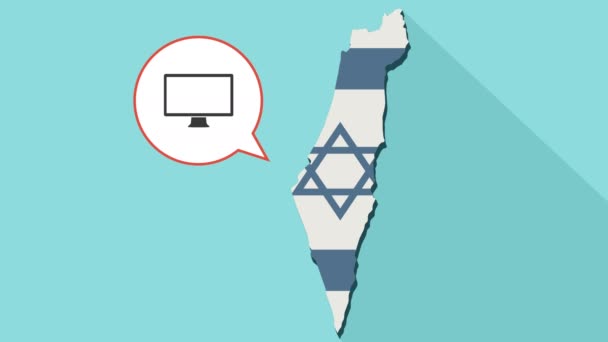 Animatie van een lange schaduw Israël kaart met hun eigen vlag en een komische ballon met het pictogram van een personal computer — Stockvideo