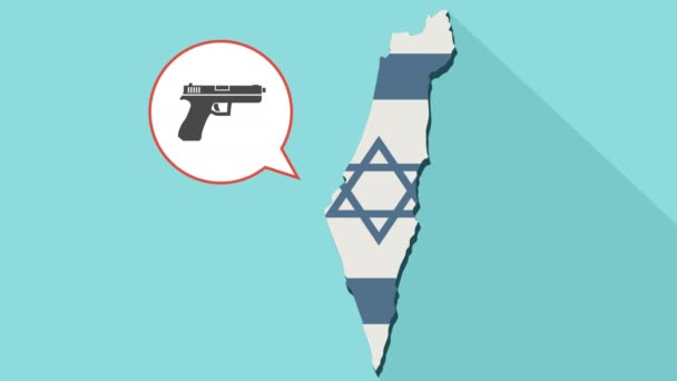 Animation του χάρτη Ισραήλ πολύ σκιά με τη σημαία του και ένα κωμικό μπαλόνι με ένα πυροβόλο όπλο — Αρχείο Βίντεο