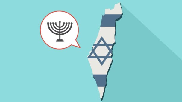 Animatie van een lange schaduw Israël kaart met hun eigen vlag en een komische ballon met een Menorah-pictogram — Stockvideo