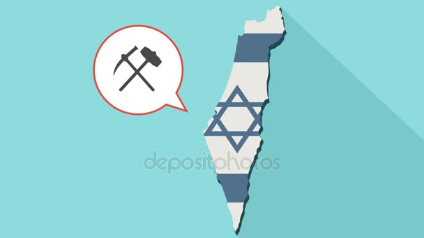 Animace dlouhý stín mapa Izraele s jeho vlajkou a komické bubliny s ikonami kladiva a krumpáče — Stock video