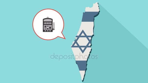 Animatie van een lange schaduw Israël kaart met hun eigen vlag en een komische ballon met een casino-slotmachine — Stockvideo
