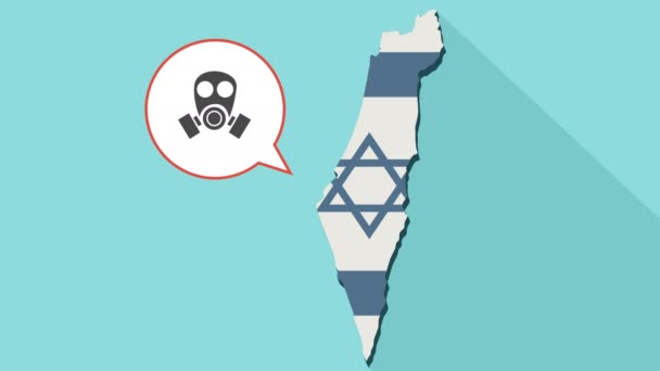 Animation of a long shadow Israel map with its flag and a comic balloon with a gas mask — Stock Video