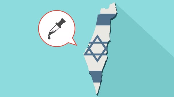Animación de un mapa de sombra larga de Israel con su bandera y un globo cómico con un cuchillo ensangrentado — Vídeo de stock