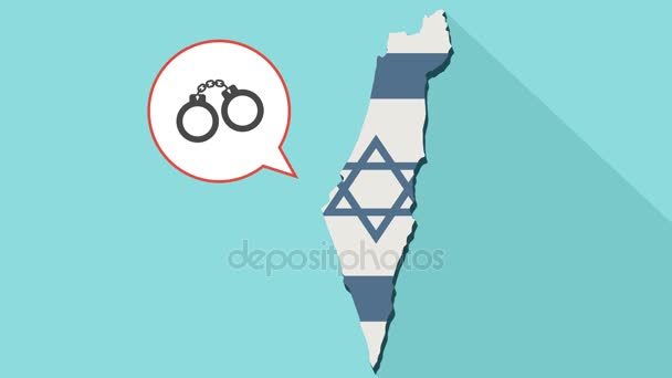 Animering av en lång skugga Israel karta med dess flagga och en komisk ballong med handfängsel ikonen — Stockvideo