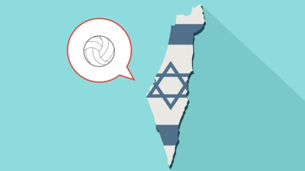 Animace dlouhý stín mapa Izraele s jeho vlajkou a komické balon volejbalový míč — Stock video