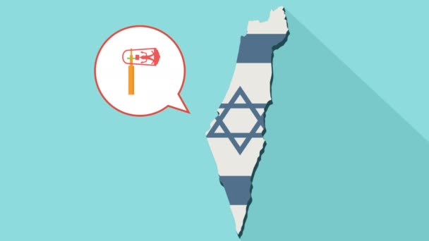 Animation of a long shadow Israel map with its flag and a comic balloon with a purim gragger — Stock Video