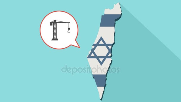 Animacja Mapa Izrael długi cień z jego flagę i komiks balon z budowa crane — Wideo stockowe