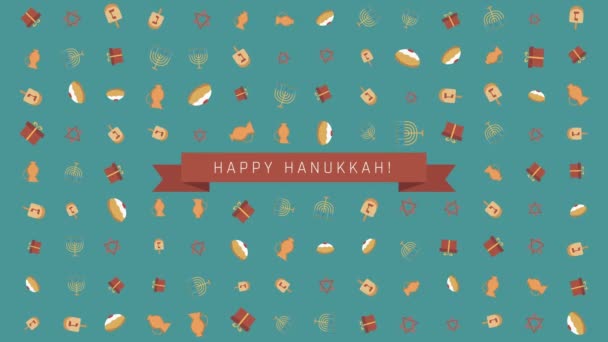 Hanukkah férias design plano de fundo animação com símbolos tradicionais e texto em inglês — Vídeo de Stock