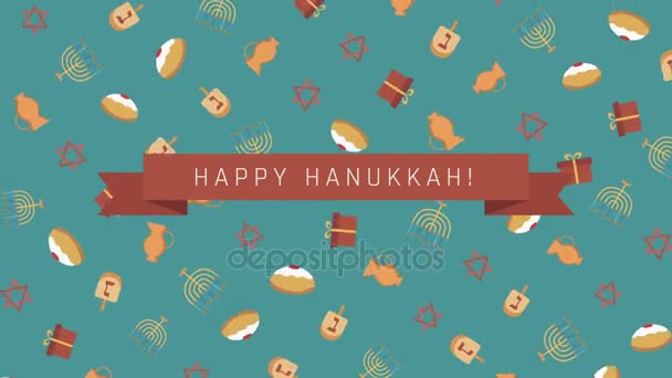Hanukkah vacaciones plano diseño animación fondo con símbolos tradicionales y texto en inglés — Vídeos de Stock