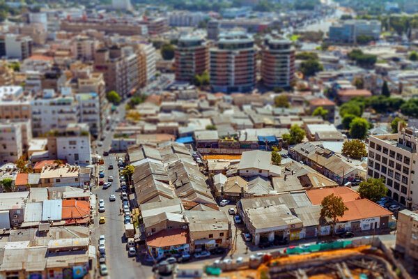 Aerial view of south Tel Aviv neighborhoods cityspace. A combination of new and old construction. Tilt shift