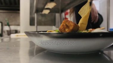 Şefler ve garsonlar ve hazırlama ve ticari mutfak yemekleri sunan Mutfak personeli meşgul timinin Timelapse.