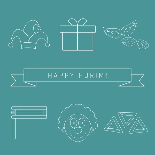 Purim semester platt design vit tunn linje ikoner set med text — Stock vektor