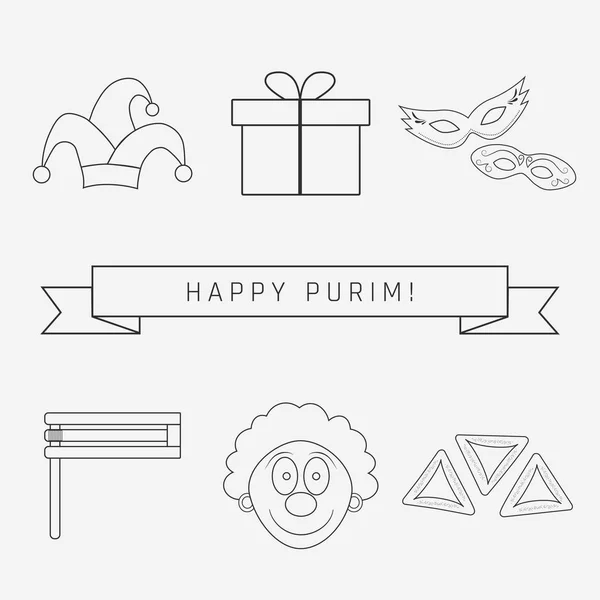 Purim tatil düz tasarım siyah ince çizgi simgeleri metinle ayarla