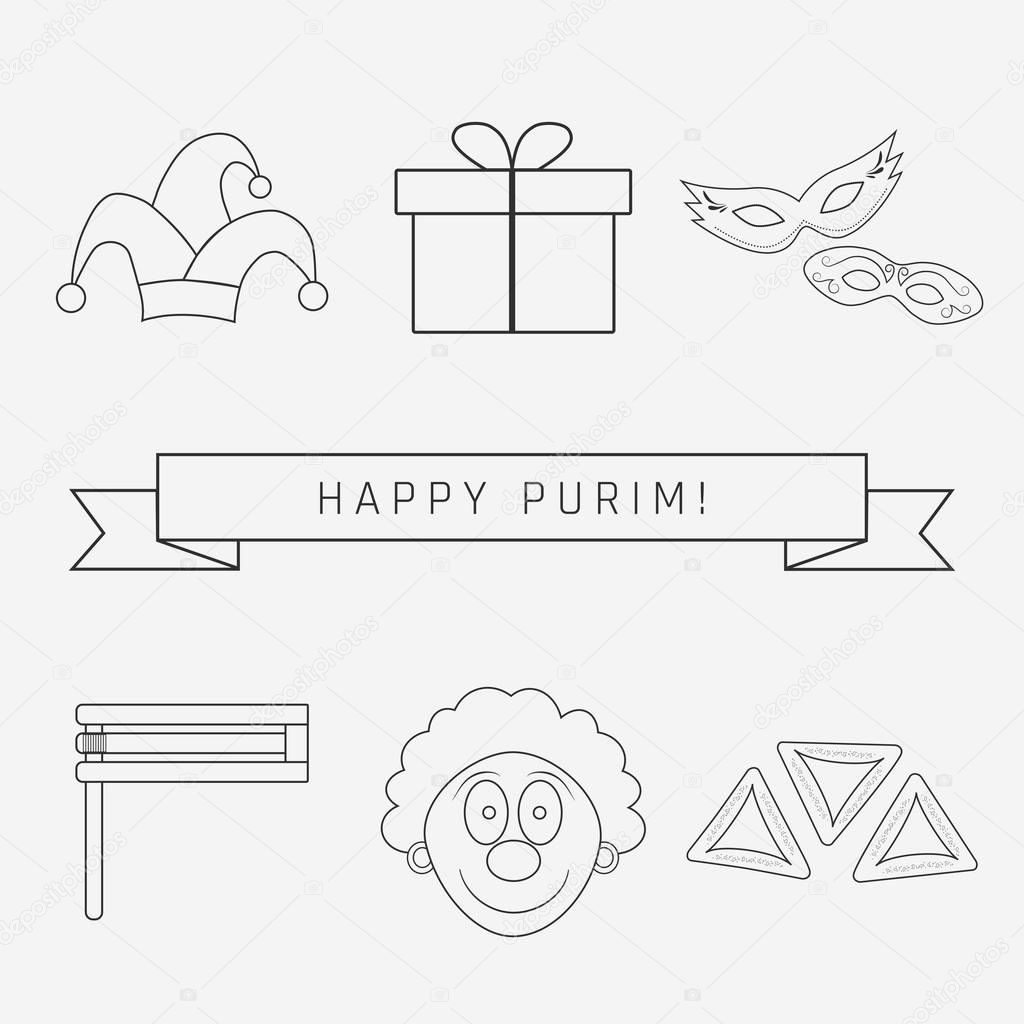 Purim holiday flat design black thin line icons set with text