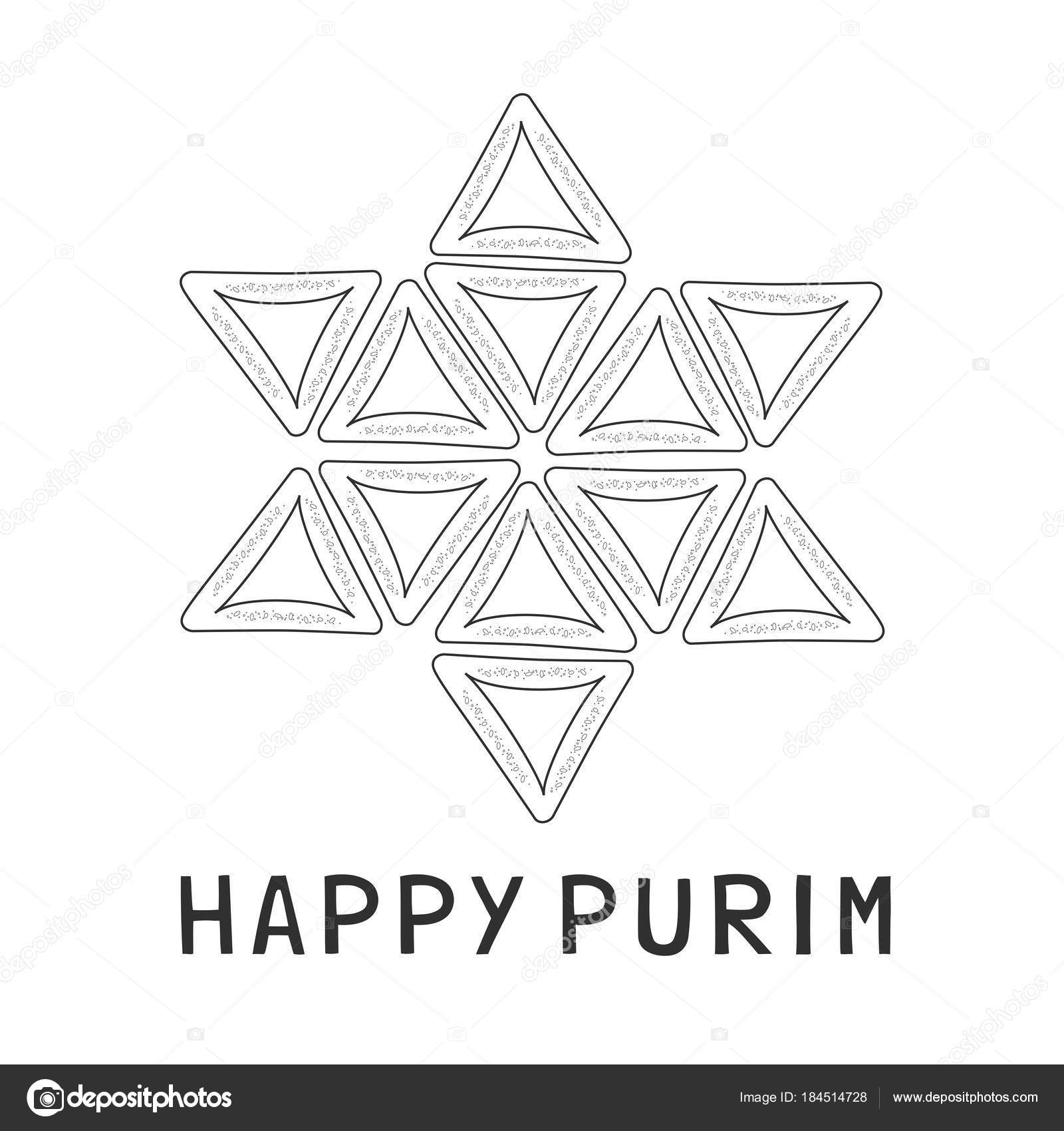 Disegno di festa di Purim piatto nero sottile riga icone di hamantashs in — Vettoriale Stock