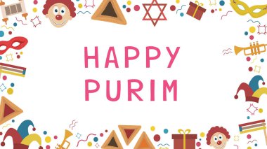 Purim tatil düz tasarım simgeler ile İngilizce metin çerçevesiyle