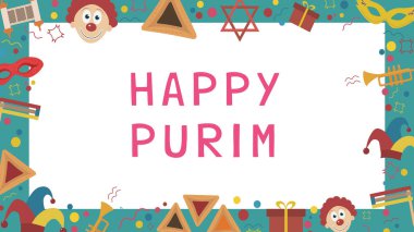 Purim tatil düz tasarım simgeler ile İngilizce metin çerçevesiyle