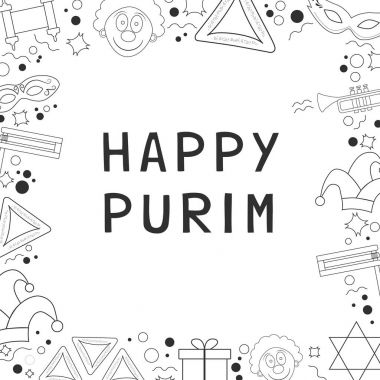 Purim tatil düz tasarım siyah ince çizgi kutsal kişilerin resmi ile çerçeveli 