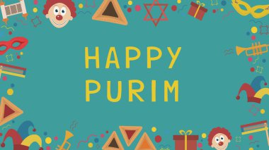 Purim tatil düz tasarım simgeler ile İngilizce metin çerçevesiyle