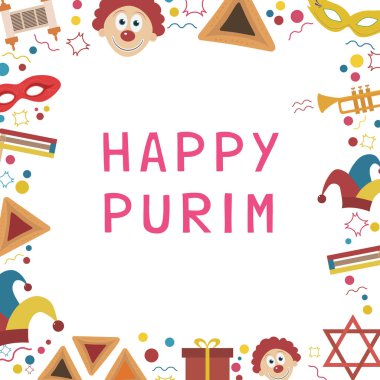 Purim tatil düz tasarım simgeler ile İngilizce metin çerçevesiyle