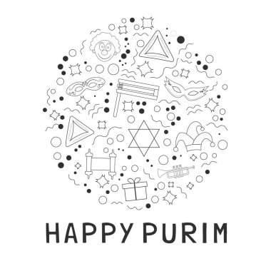 Purim tatil düz tasarım siyah ince çizgi Icons set yuvarlak sha