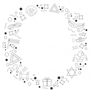 Purim tatil düz tasarım siyah ince çizgi simgeleri ile çerçeve