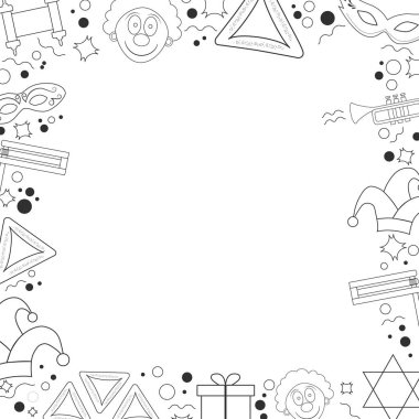 Purim tatil düz tasarım siyah ince çizgi simgeleri ile çerçeve