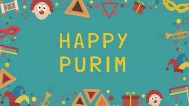 Purim tatil düz tasarım simgeler ile İngilizce metin çerçevesiyle