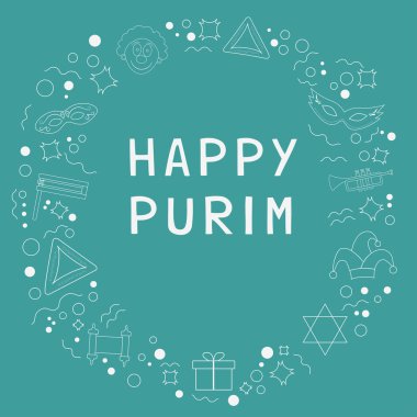 Purim tatil düz tasarım beyaz ince çizgi kutsal kişilerin resmi ile çerçeveli 