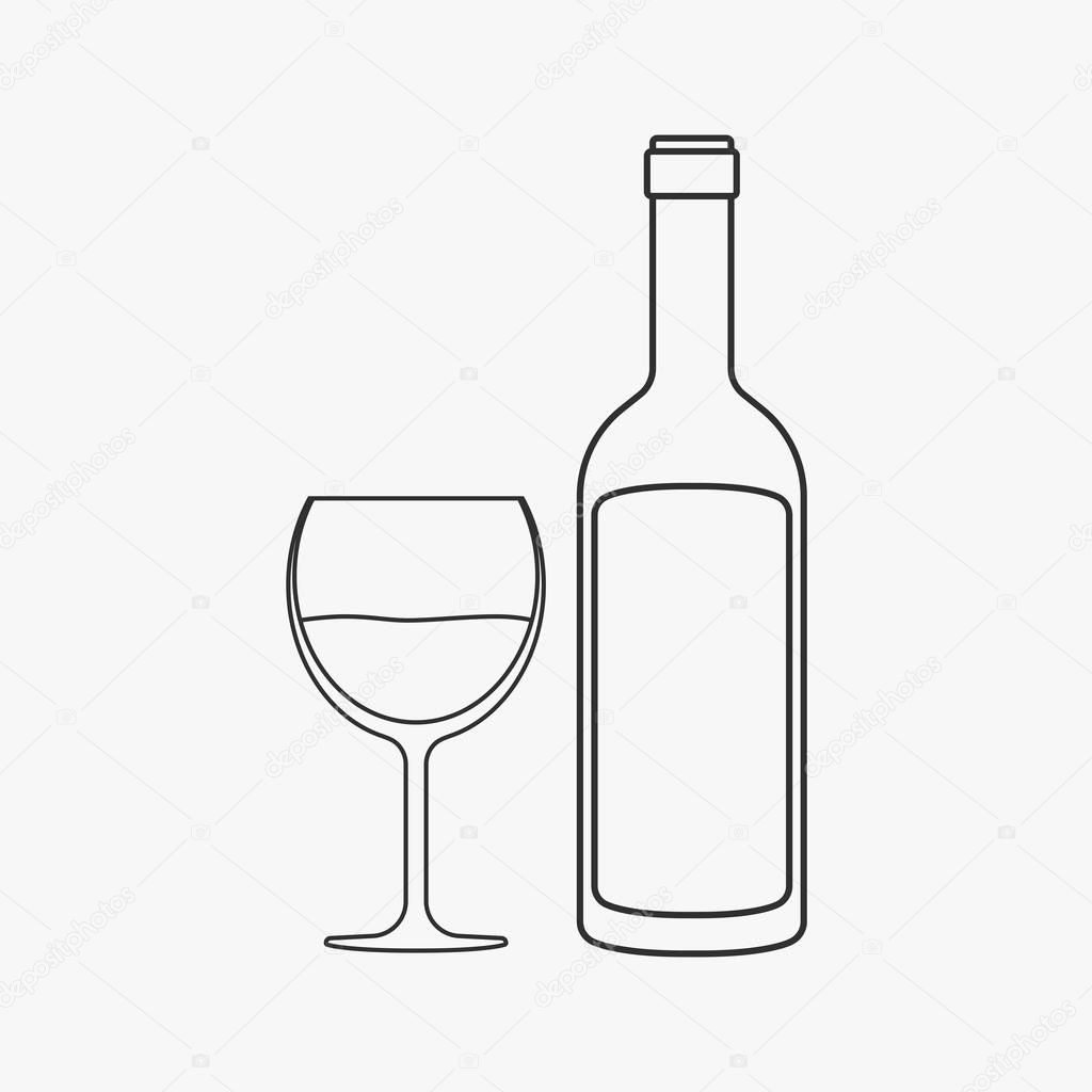 Wine bottle & glass flat black outline design icon