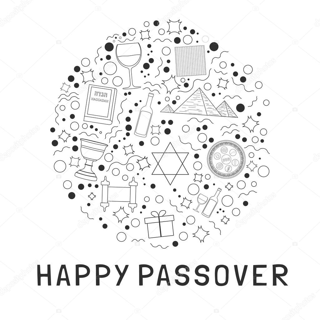 Passover holiday flat design black thin line icons set in round 