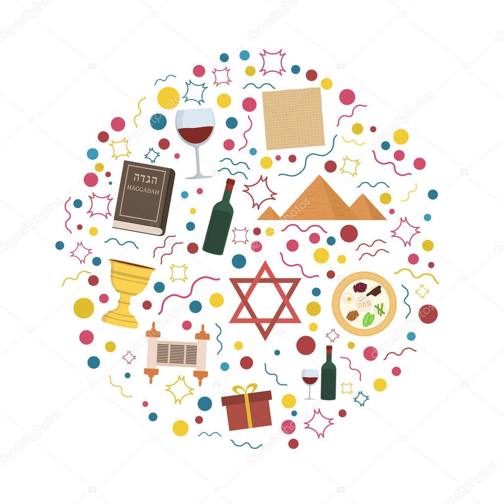 Passover holiday flat design icons set in round shape