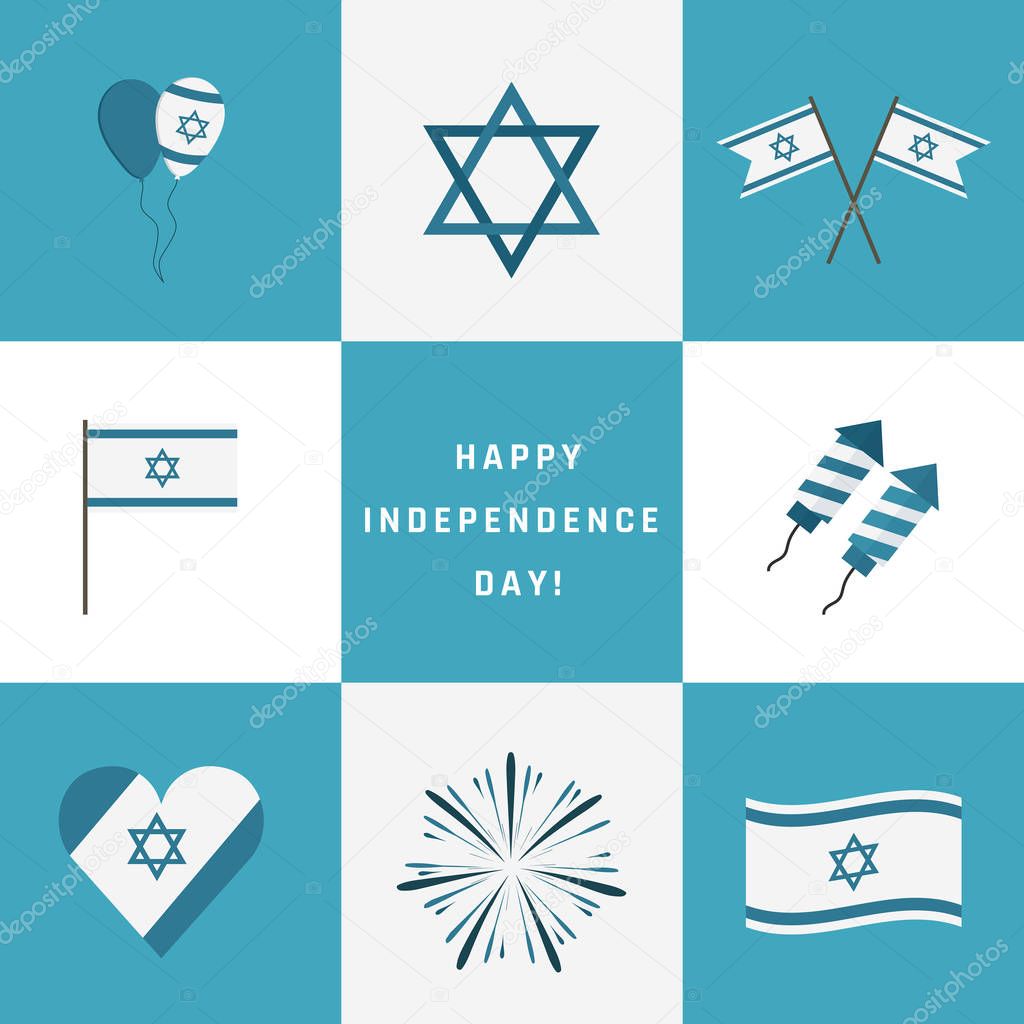 Israel Independence Day holiday flat design icons set with text 