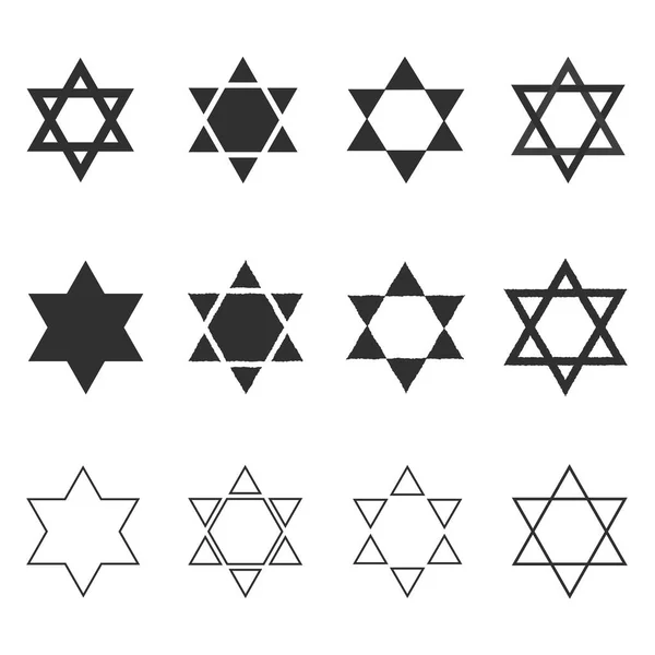 Estrela do ícone de forma david definido em preto plano e design de contorno —  Vetores de Stock