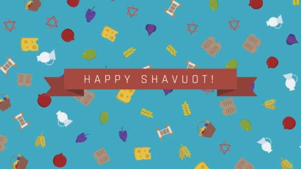Shavuot vacances plat fond d'animation design avec des symboles traditionnels et du texte anglais — Video