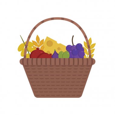 Hasır sepet düz tasarım meyve ve süt ürünleri simgesi olan