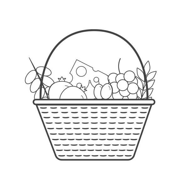 Cesta de mimbre con frutas y productos lácteos icono en negro plano — Vector de stock