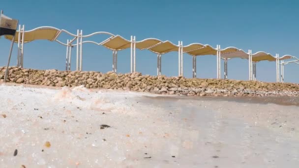 以色列死海岸边的天然白盐晶体 温和的热带海浪在海滩上翻滚 慢镜头慢镜头慢镜头慢镜头 — 图库视频影像