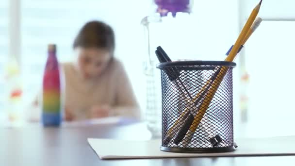 Little Israeli Caucasian Teen Gifted Girl Taking Test Elementary School — Stock Video