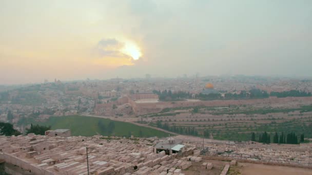 Panorámás Kilátás Nyílik Jeruzsálem Óvárosára Templom Hegyre Egy Drámai Színes — Stock videók