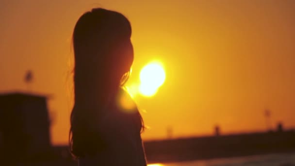 屈託のない認識できない少女のシルエットのバックビューは エキゾチックな夕日の美しい景色を楽しんでいます 彼女は太陽の方へビーチに立っている テルアビブ イスラエルの黄金の日の出 — ストック動画