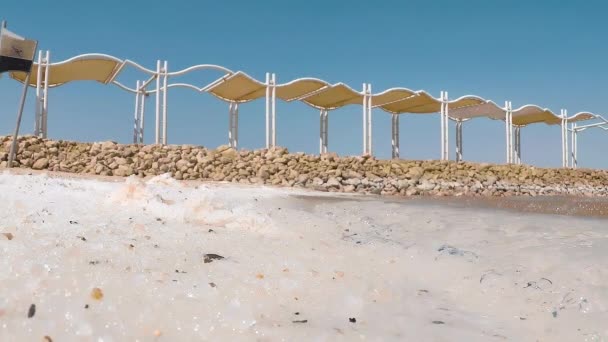 以色列死海岸边天然白盐晶体的摄影图 温和的热带海浪在海滩上翻滚 慢镜头慢镜头慢镜头慢镜头 — 图库视频影像