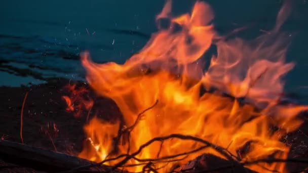 Cinemagraph Falò Crepuscolo Sulla Spiaggia Chiudere Sul Fuoco Con Scintille — Video Stock