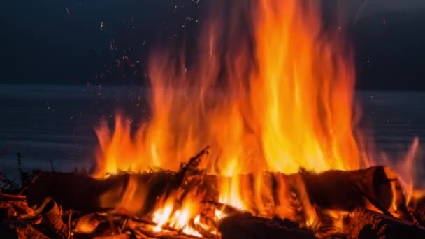 Kino Táborovém Ohni Soumraku Pláži Uzavřete Oheň Jiskry Horkou Vlnou — Stock video