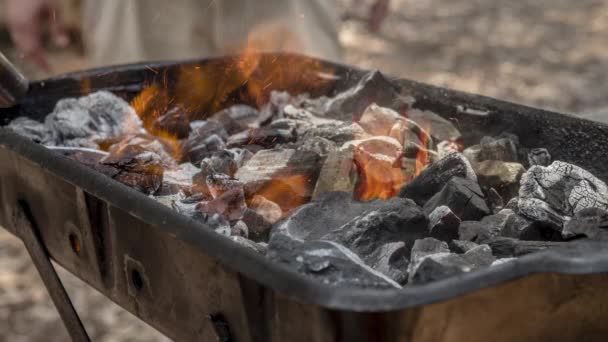 烤炉中燃烧的煤炭上燃烧的火势的电影图 有选择焦点的回圈 — 图库视频影像