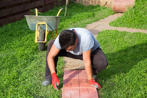 Man puts concrete tiles on the path — Stock Image Man puts concrete tiles on the path Stock Picture
