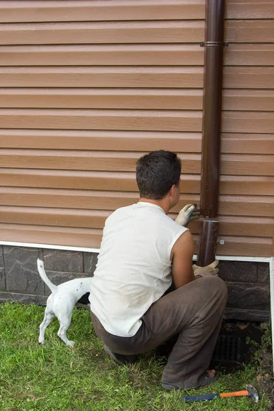 Man med en hund sätter stuprör på väggen — Stockfoto