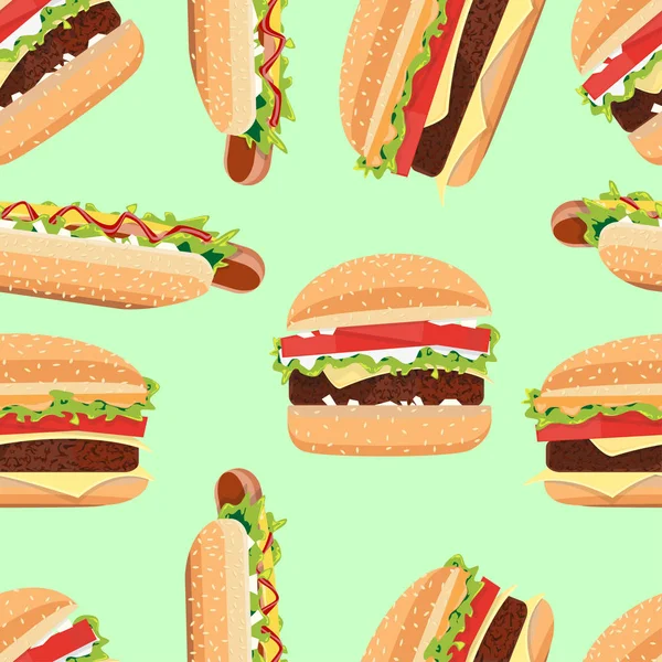 Fast Food nahtlose Muster Hamburger und Hot Dog — Stockvektor