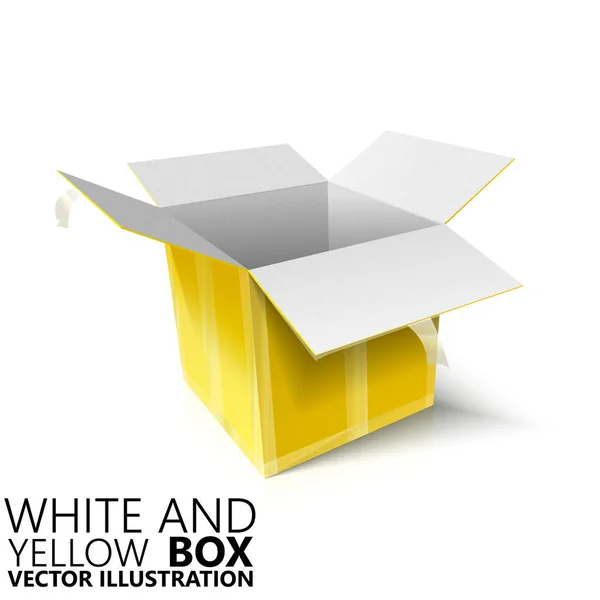 Boîte ouverte blanche et jaune Illustration 3D / vectorielle, éléments de design — Image vectorielle